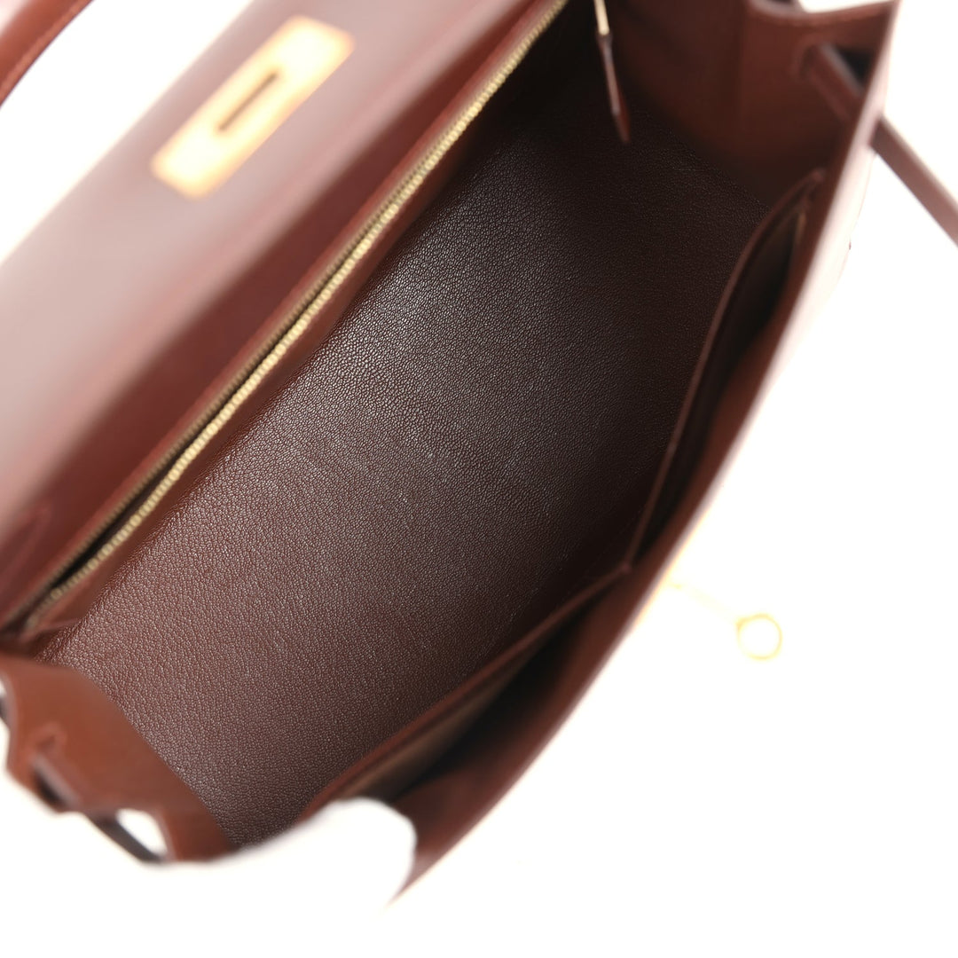 Vintage Hermes Kelly Sellier 28 Noisette Box Gold Hardware