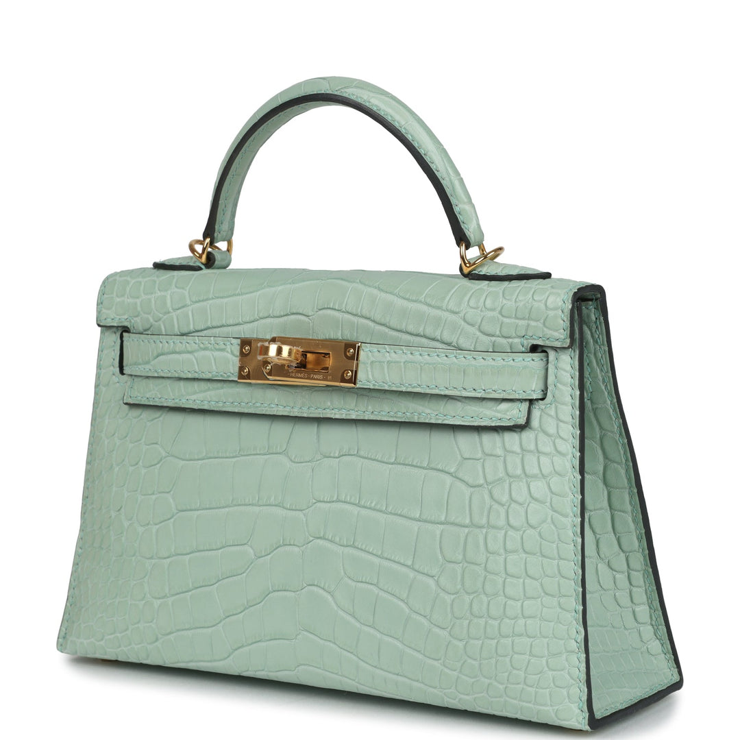 Hermes Kelly Sellier 20 Vert D'Eau Matte Alligator Gold Hardware