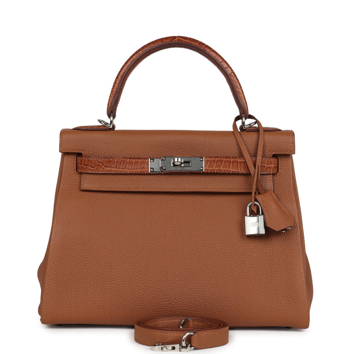 Hermes Kelly Retourne 28 Gold Togo and Matte Prososus Crocodile Touch Palladium Hardware
