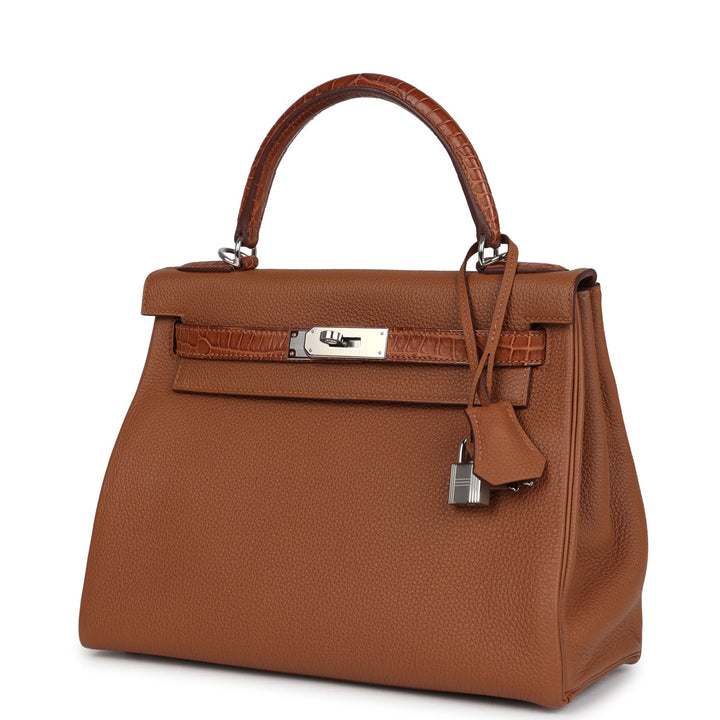 Hermes Kelly Retourne 28 Gold Togo and Matte Prososus Crocodile Touch Palladium Hardware