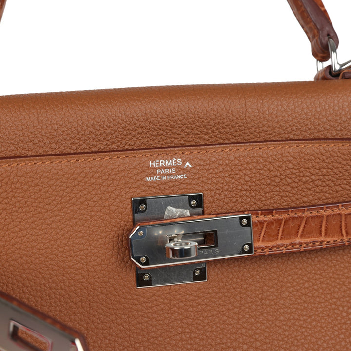 Hermes Kelly Retourne 28 Gold Togo and Matte Prososus Crocodile Touch Palladium Hardware