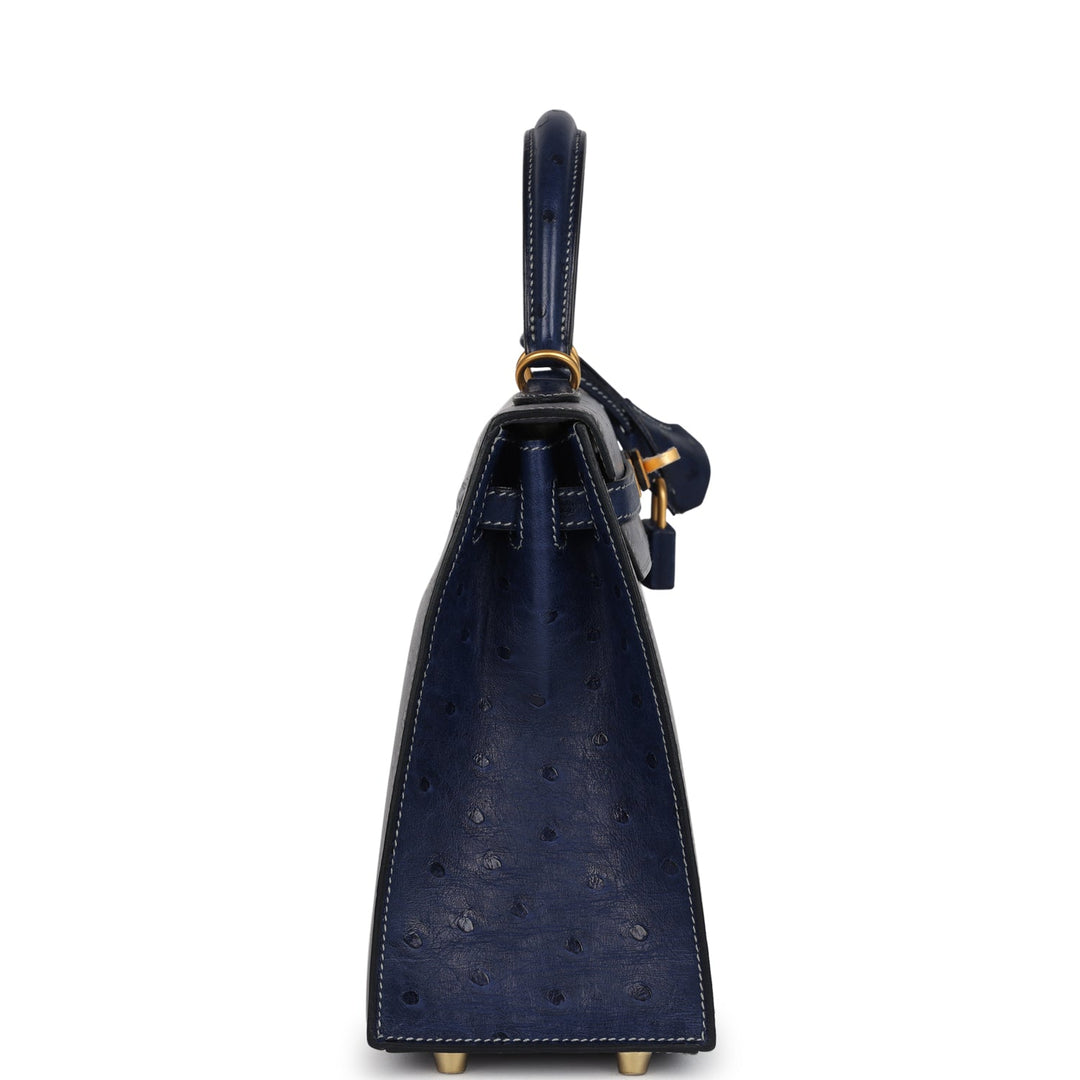 Hermes Special Order (HSS) Kelly Sellier 25 Gris Agate and Bleu Iris Ostrich Brushed Gold Hardware