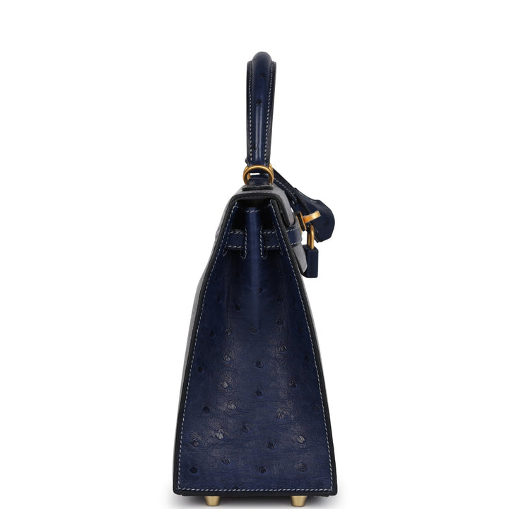 Hermes Special Order (HSS) Kelly Sellier 25 Gris Agate and Bleu Iris Ostrich Brushed Gold Hardware