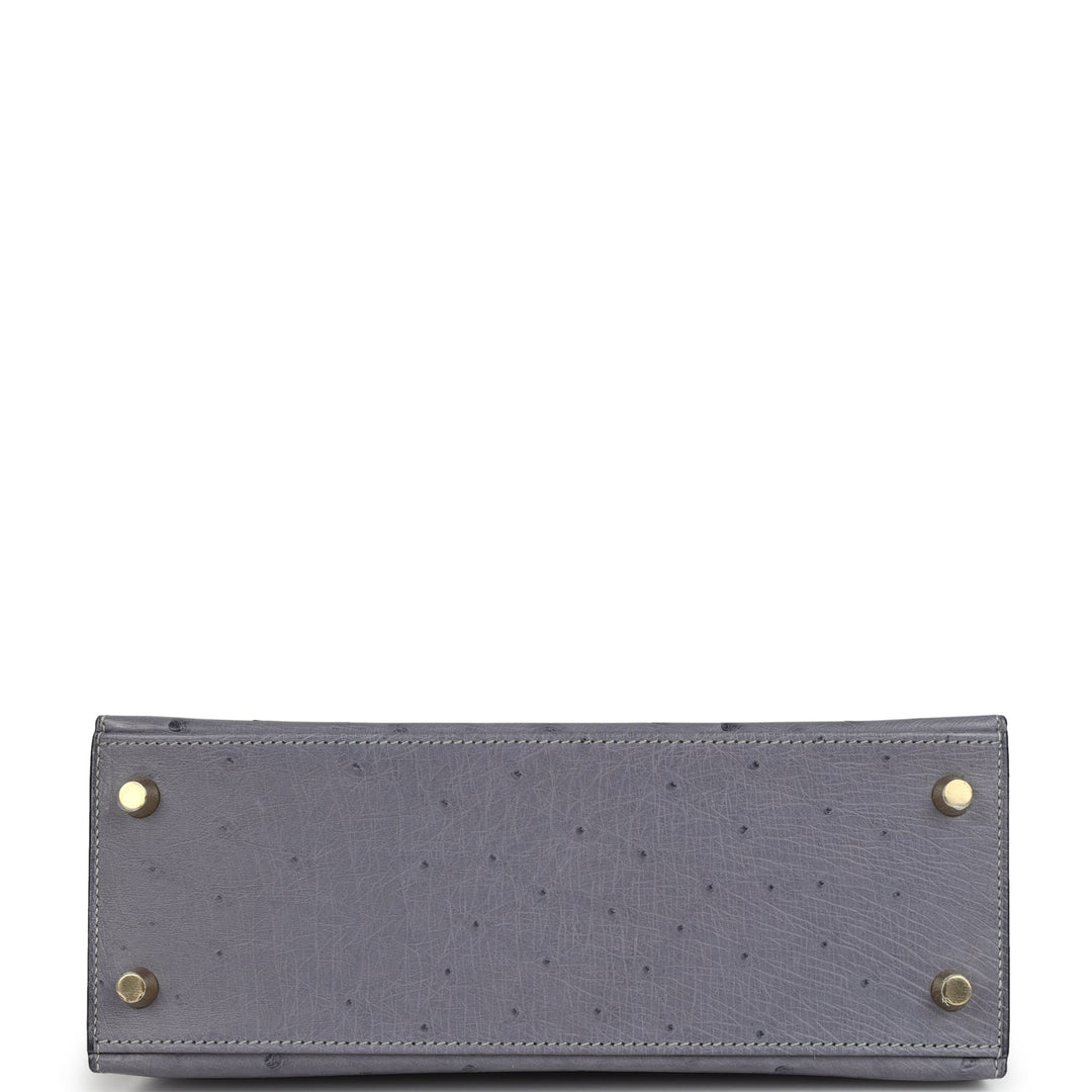 Hermes Special Order (HSS) Kelly Sellier 25 Gris Agate and Bleu Iris Ostrich Brushed Gold Hardware