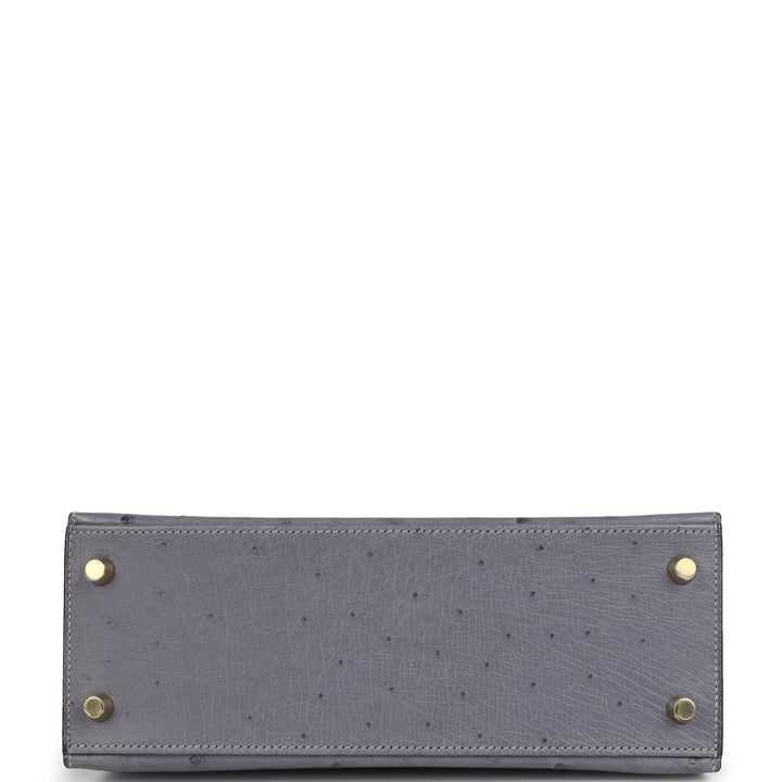 Hermes Special Order (HSS) Kelly Sellier 25 Gris Agate and Bleu Iris Ostrich Brushed Gold Hardware