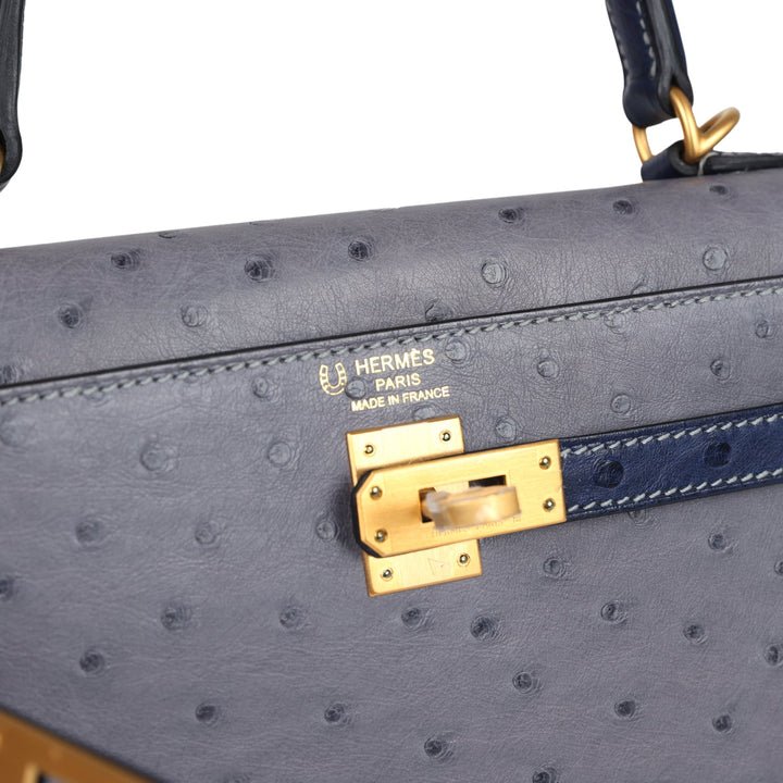 Hermes Special Order (HSS) Kelly Sellier 25 Gris Agate and Bleu Iris Ostrich Brushed Gold Hardware