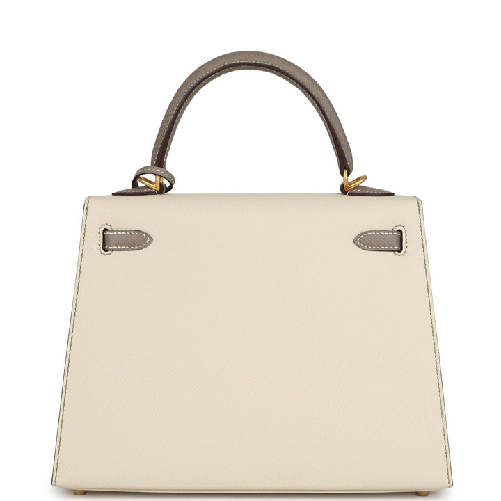 Hermes Special Order (HSS) Kelly Sellier 25 Craie and Gris Asphalte Epsom Brushed Gold Hardware