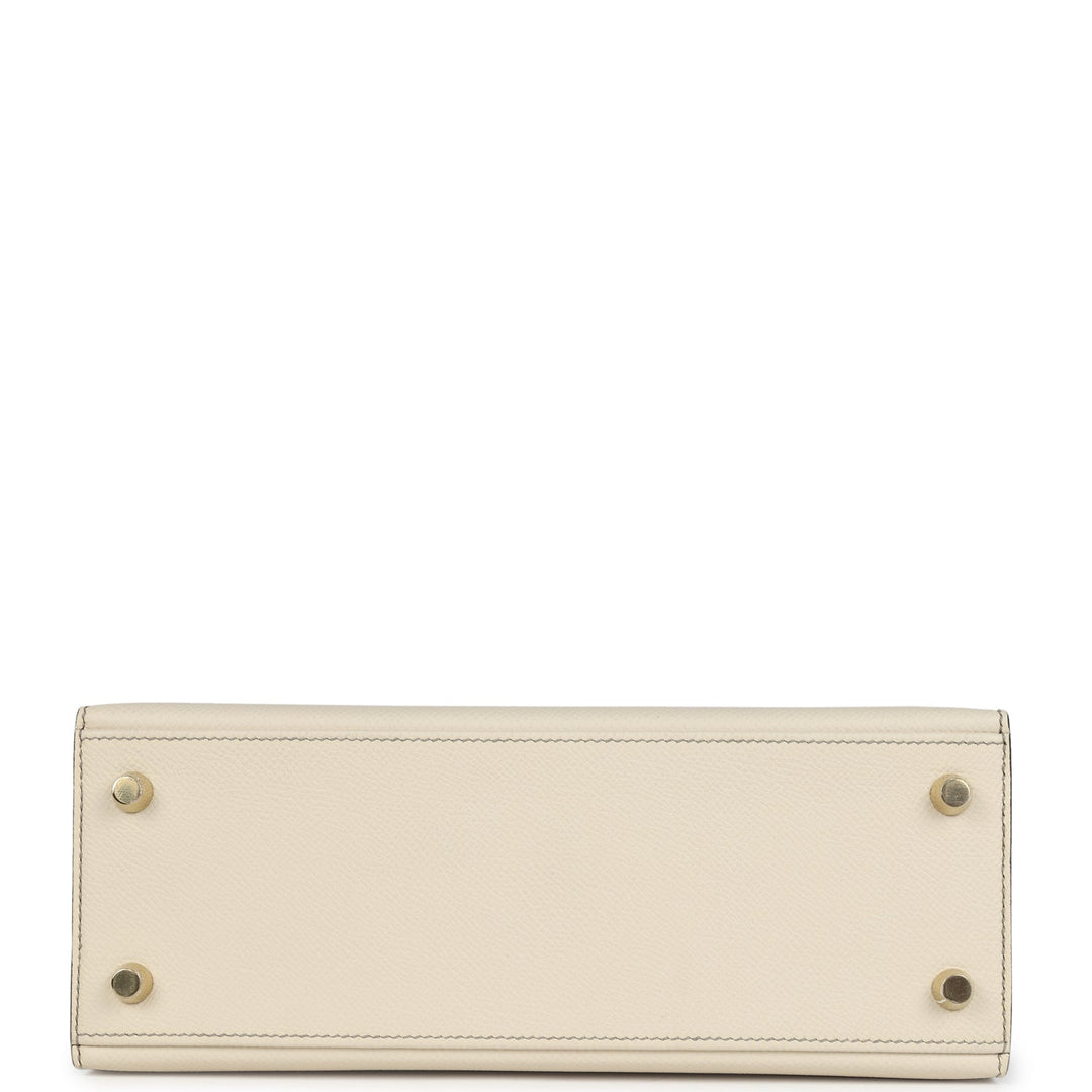 Hermes Special Order (HSS) Kelly Sellier 25 Craie and Gris Asphalte Epsom Brushed Gold Hardware