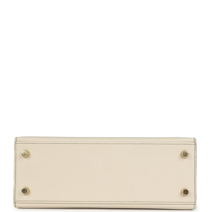 Hermes Special Order (HSS) Kelly Sellier 25 Craie and Gris Asphalte Epsom Brushed Gold Hardware