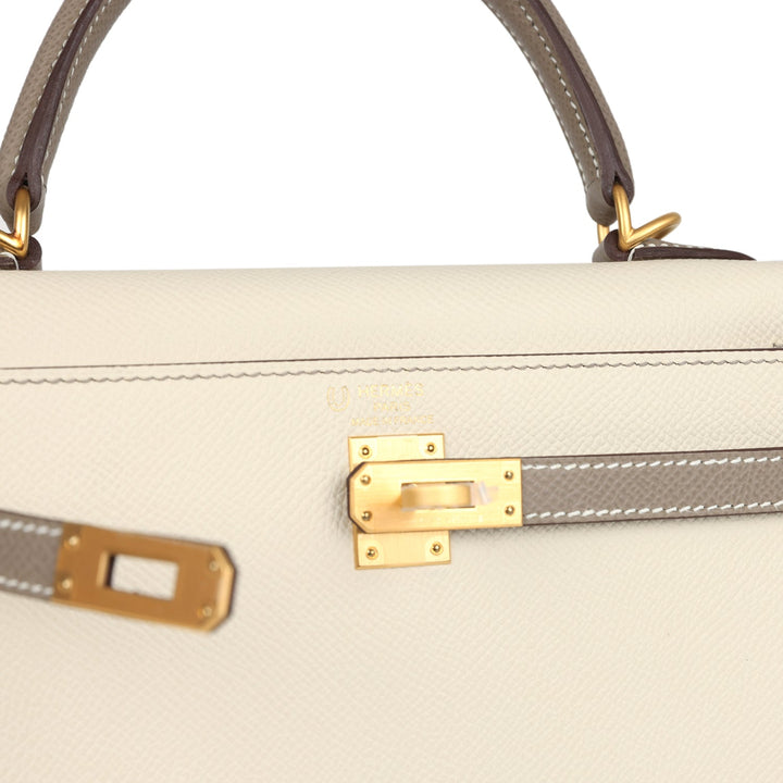 Hermes Special Order (HSS) Kelly Sellier 25 Craie and Gris Asphalte Epsom Brushed Gold Hardware