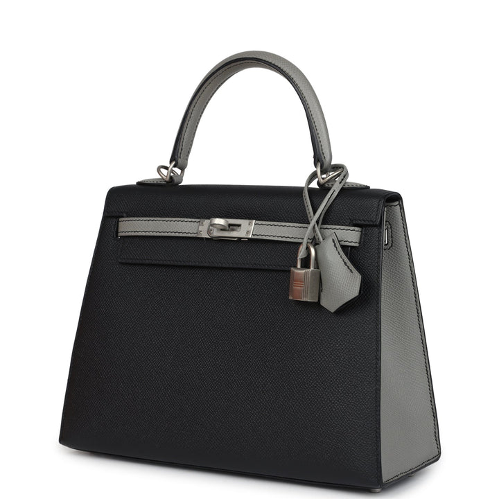 Hermes Special Order (HSS) Kelly Sellier 25 Black and Gris Mouette Epsom Brushed Gold Hardware