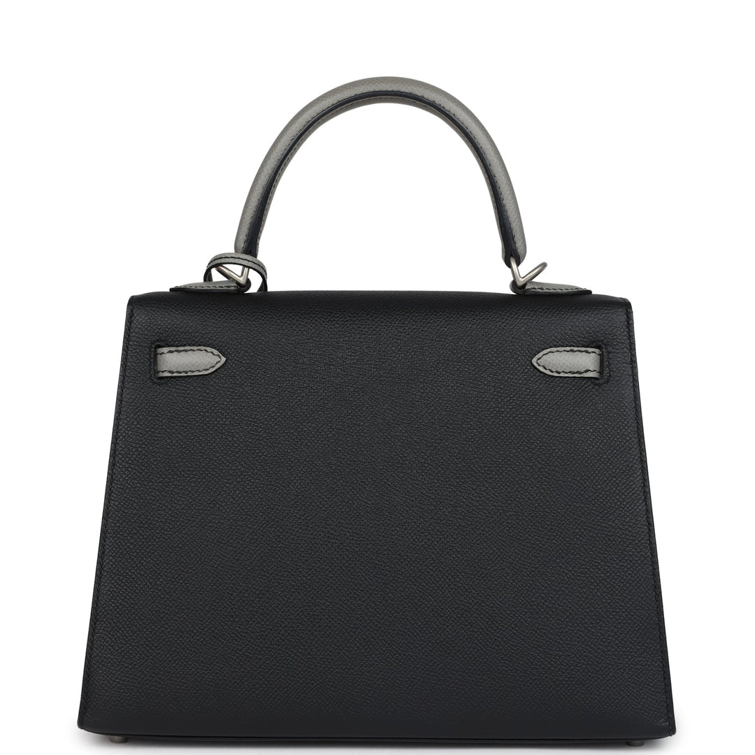 Hermes Special Order (HSS) Kelly Sellier 25 Black and Gris Mouette Epsom Brushed Gold Hardware