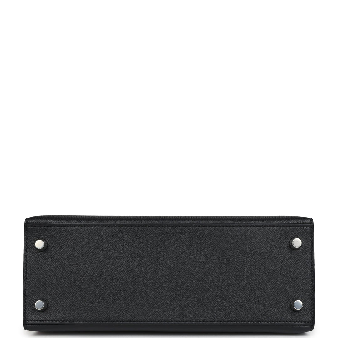 Hermes Special Order (HSS) Kelly Sellier 25 Black and Gris Mouette Epsom Brushed Gold Hardware