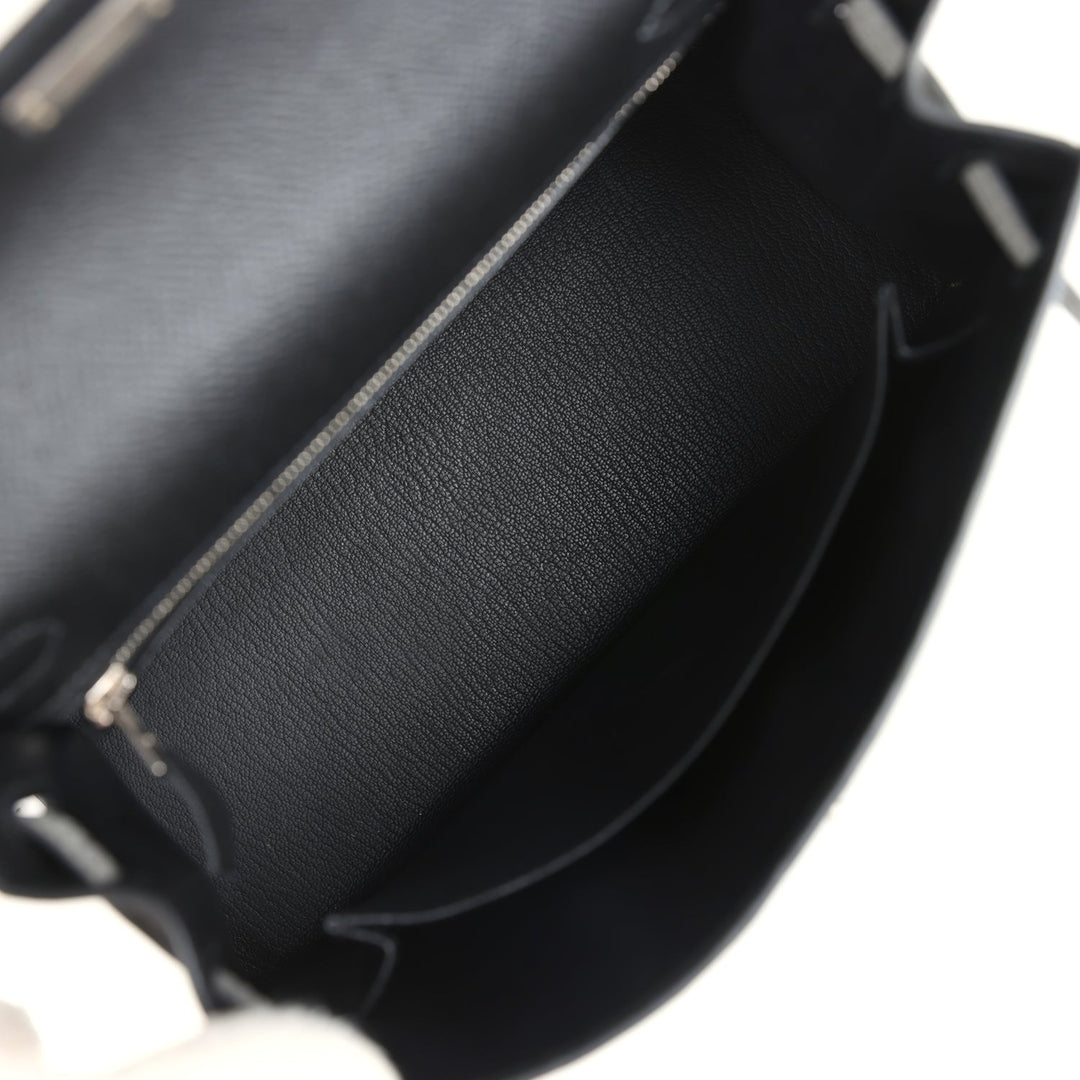 Hermes Special Order (HSS) Kelly Sellier 25 Black and Gris Mouette Epsom Brushed Gold Hardware