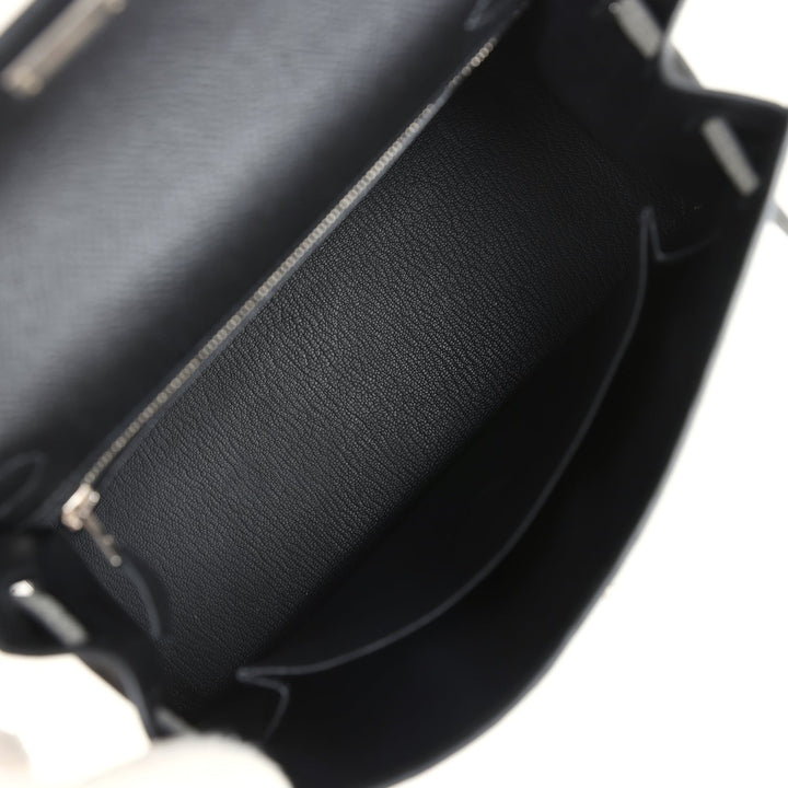 Hermes Special Order (HSS) Kelly Sellier 25 Black and Gris Mouette Epsom Brushed Gold Hardware
