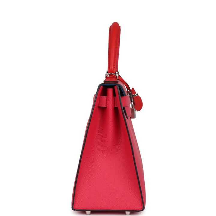 Hermes Kelly Sellier 28 Casaque Rouge De Coeur, Rose Extreme and Bleu Zanzibar Epsom Palladium Hardware