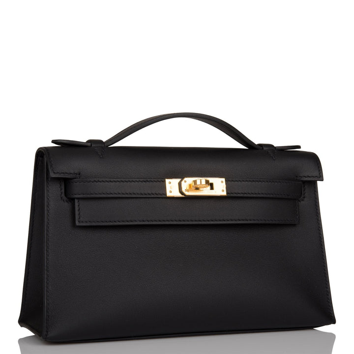 Top quality Hermes Kelly Pochette Black Swift Gold Hardware