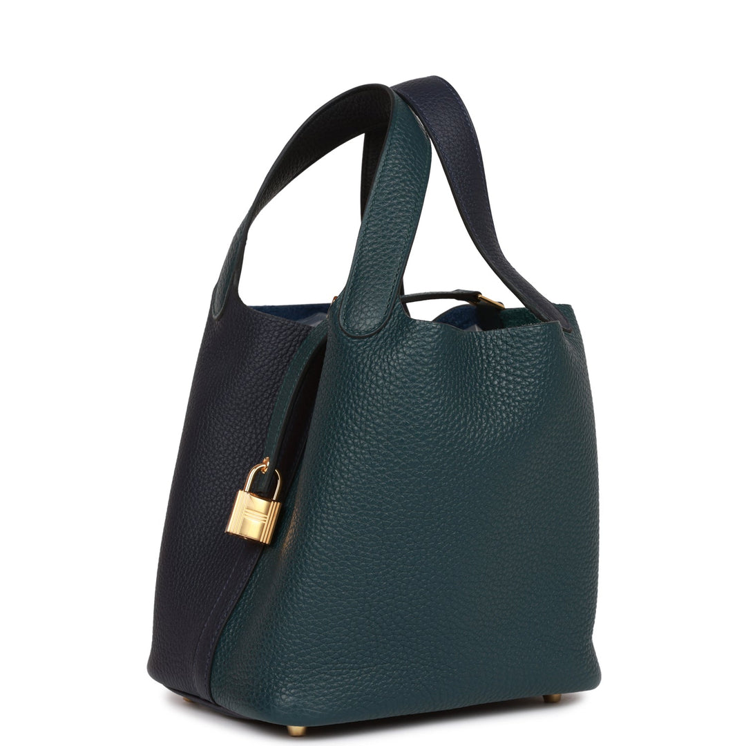 Top quality Hermes Picotin Lock 18 Casaque Vert Cypress, Bleu Nuit and Black Clemence Gold Hardware