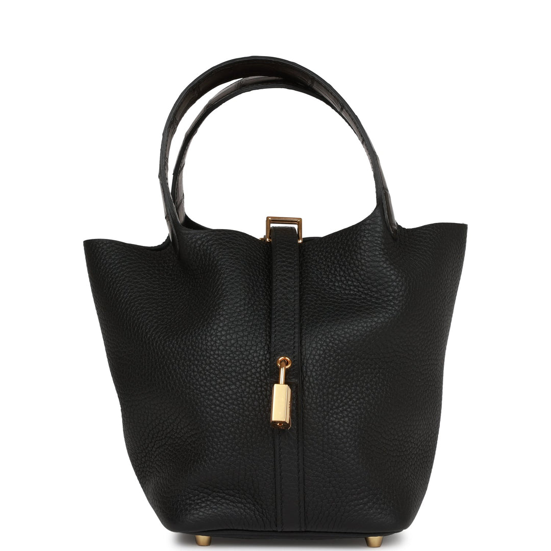 Top quality Hermes Picotin Lock 18 Black Matte Alligator and Clemence Touch Gold Hardware