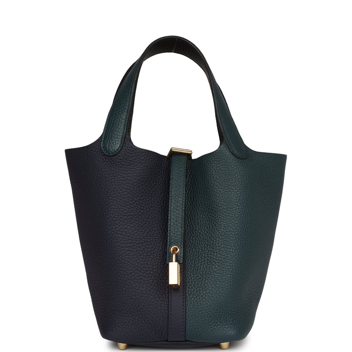 Top quality Hermes Picotin Lock 18 Casaque Bleu Nuit and Vert Cypress Clemence Gold Hardware