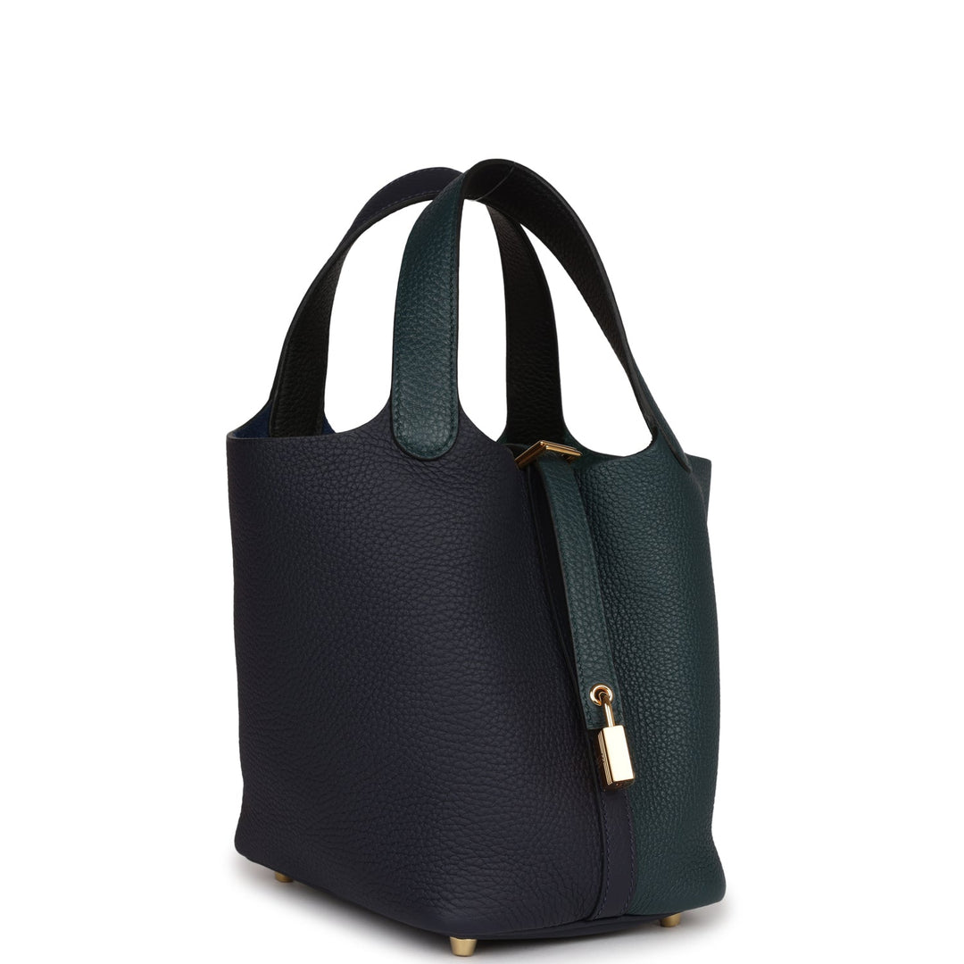 Top quality Hermes Picotin Lock 18 Casaque Bleu Nuit and Vert Cypress Clemence Gold Hardware