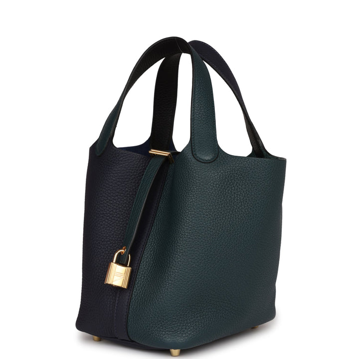 Top quality Hermes Picotin Lock 18 Casaque Bleu Nuit and Vert Cypress Clemence Gold Hardware