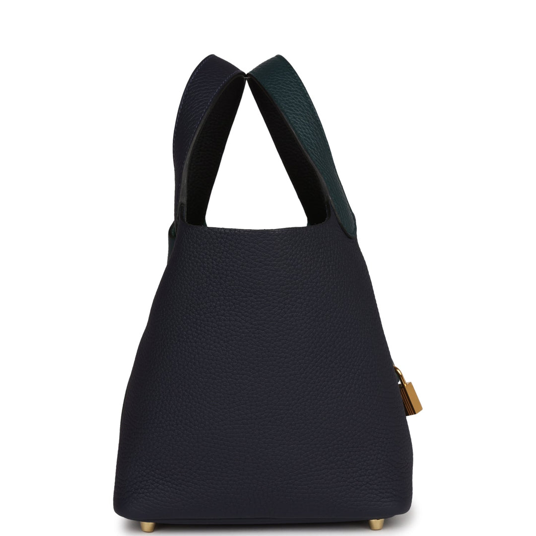Top quality Hermes Picotin Lock 18 Casaque Bleu Nuit and Vert Cypress Clemence Gold Hardware