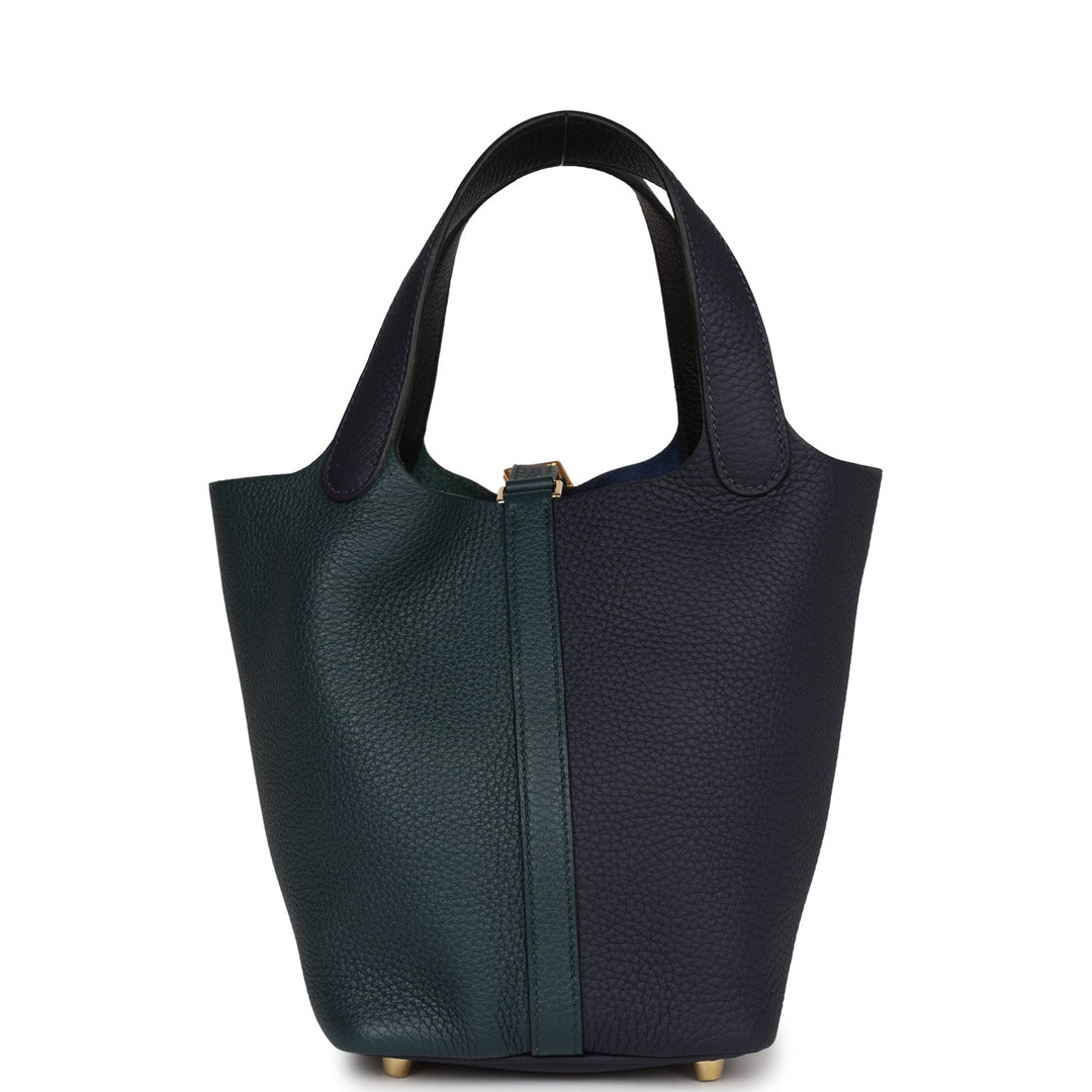Top quality Hermes Picotin Lock 18 Casaque Bleu Nuit and Vert Cypress Clemence Gold Hardware