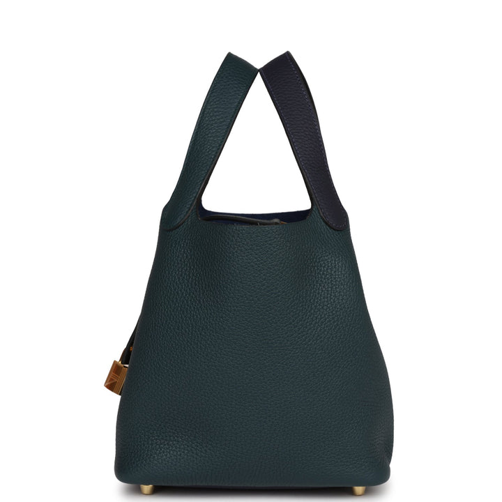 Top quality Hermes Picotin Lock 18 Casaque Bleu Nuit and Vert Cypress Clemence Gold Hardware