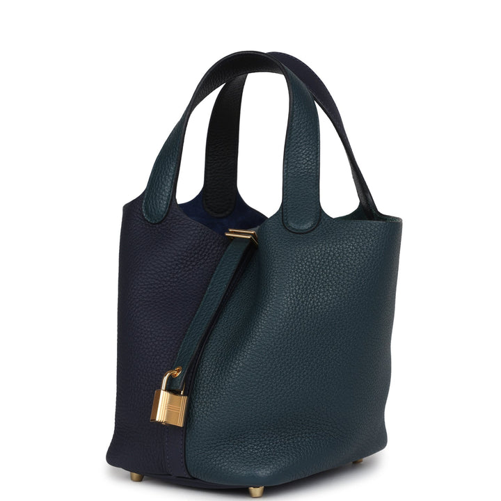 Hermes Picotin Lock 18 Casaque Bleu Nuit and Vert Cypress Clemence Gold Hardware