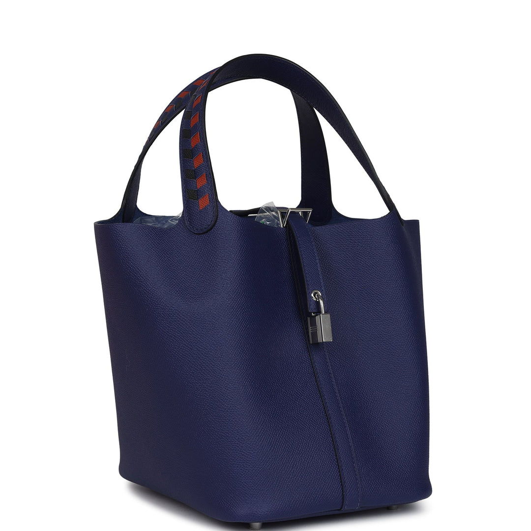Hermes Picotin Lock 22 Tressage De Cuir Bleu Encre, Brique and Black Epsom Palladium Hardware