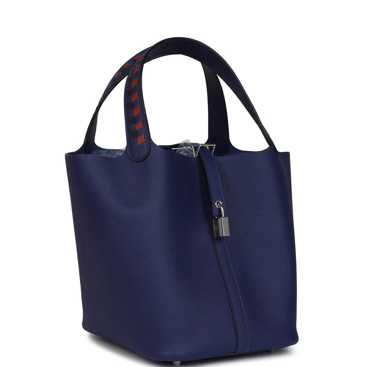 Hermes Picotin Lock 22 Tressage De Cuir Bleu Encre, Brique and Black Epsom Palladium Hardware