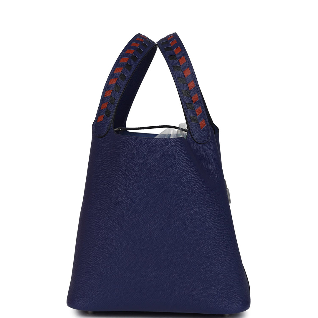 Hermes Picotin Lock 22 Tressage De Cuir Bleu Encre, Brique and Black Epsom Palladium Hardware