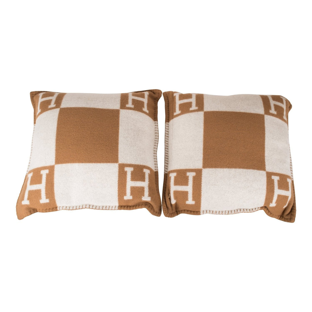 Top quality Hermes "Avalon" Ecru and Camel Signature H Cushion PM Set of Two