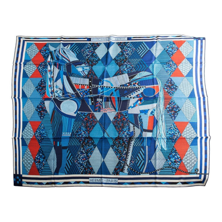 Top quality Hermes "Patchwork Horse" Bleu Royal Cashmere and Silk Shawl 140cm