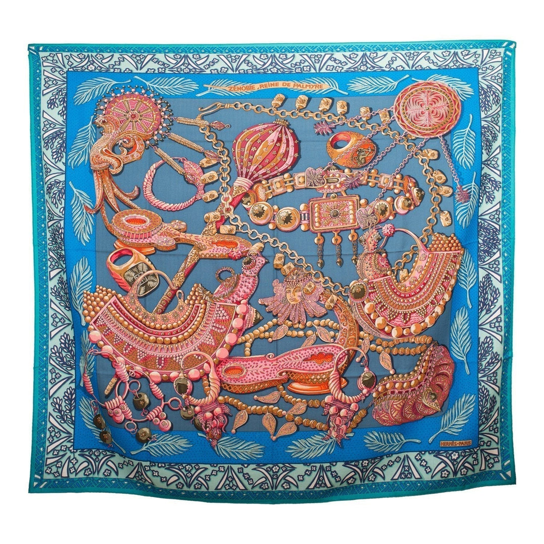 Top quality Hermes "Zenobie, Reine de Palmyre" Turquoise Cashmere and Silk Shawl 140cm