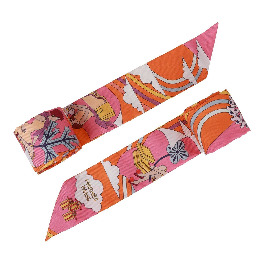 Top quality Hermes "Carres Volants" Orange Silk Twilly Pair