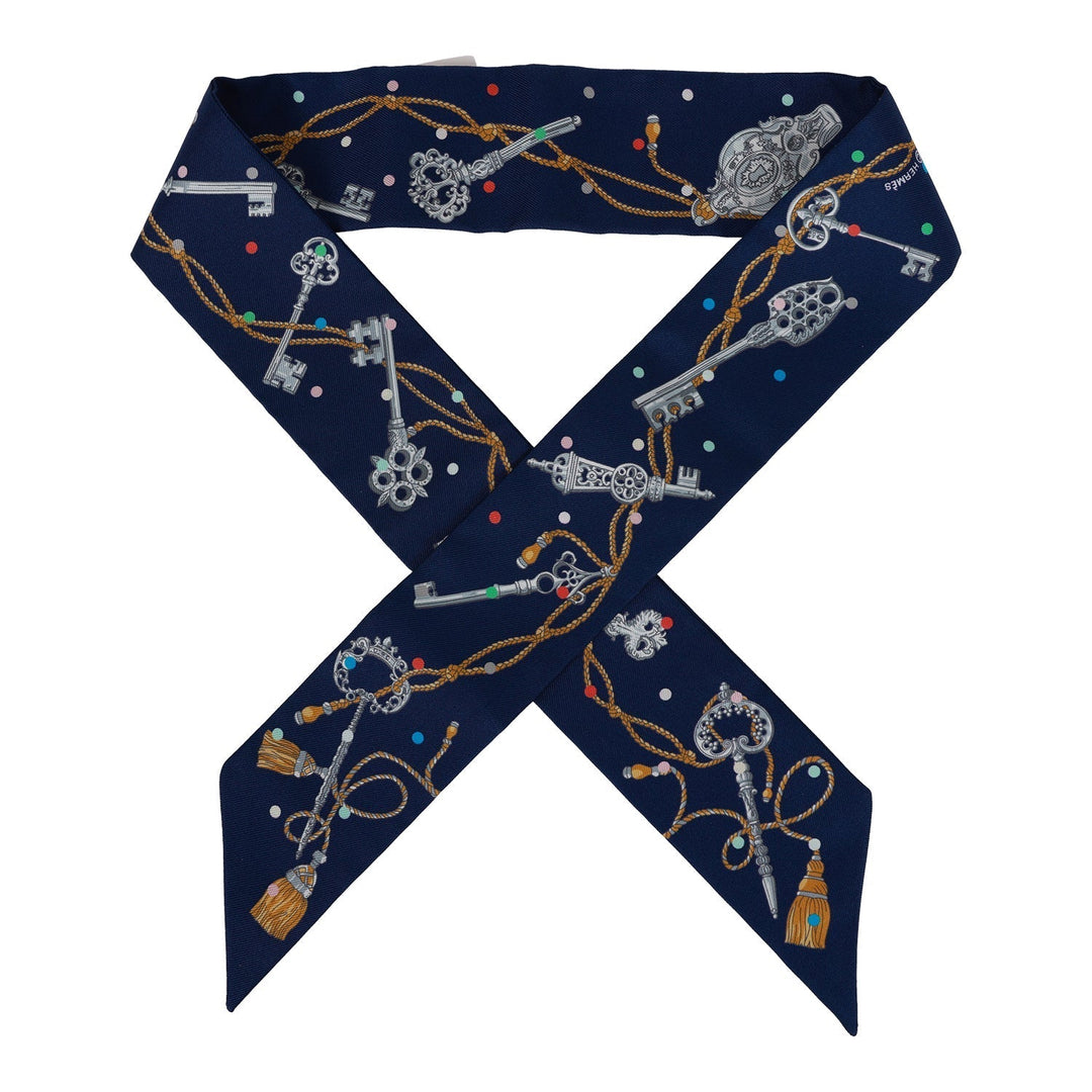 Top quality Hermes "Les Cles A Pois" Marine Silk Twilly Pair