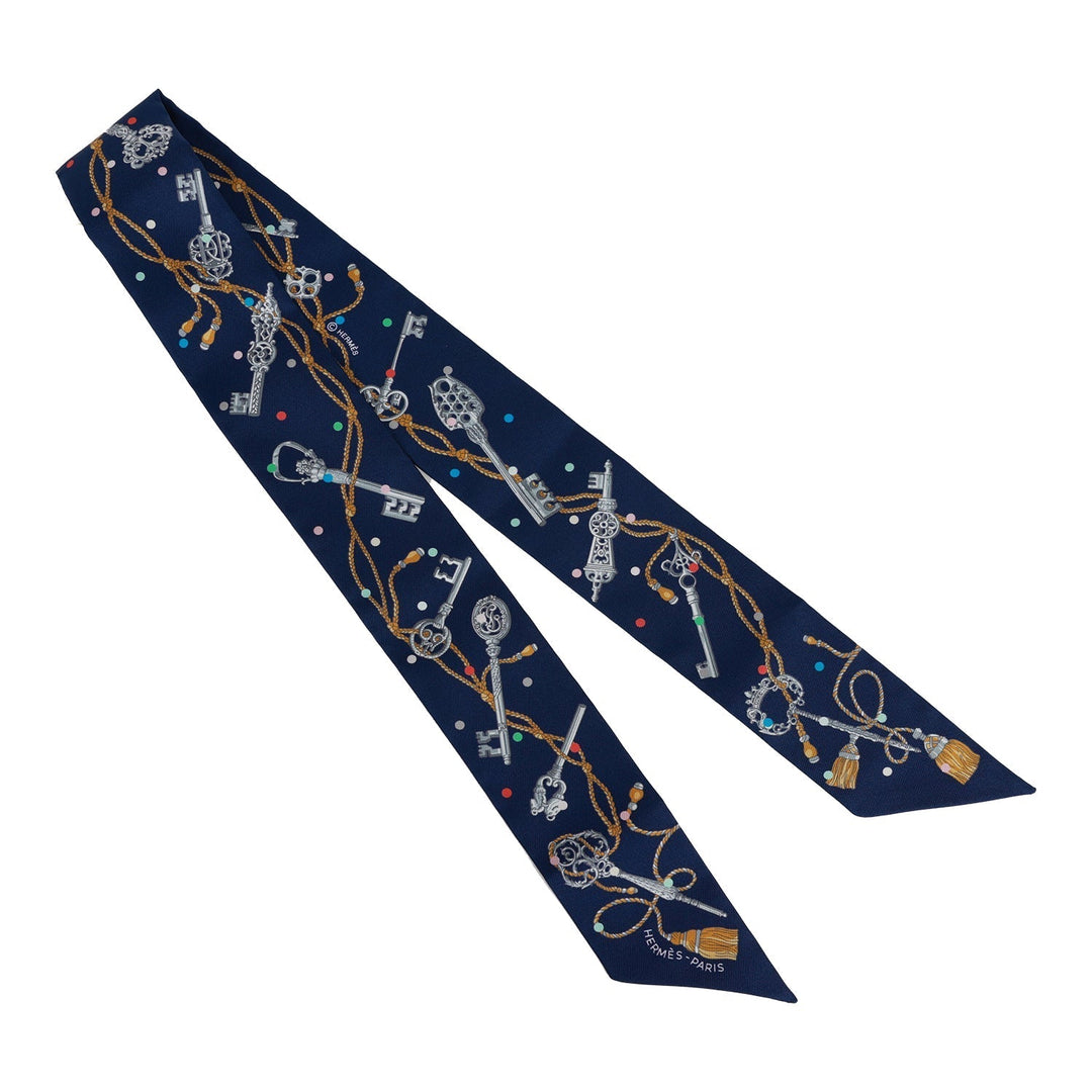 Top quality Hermes "Les Cles A Pois" Marine Silk Twilly Pair