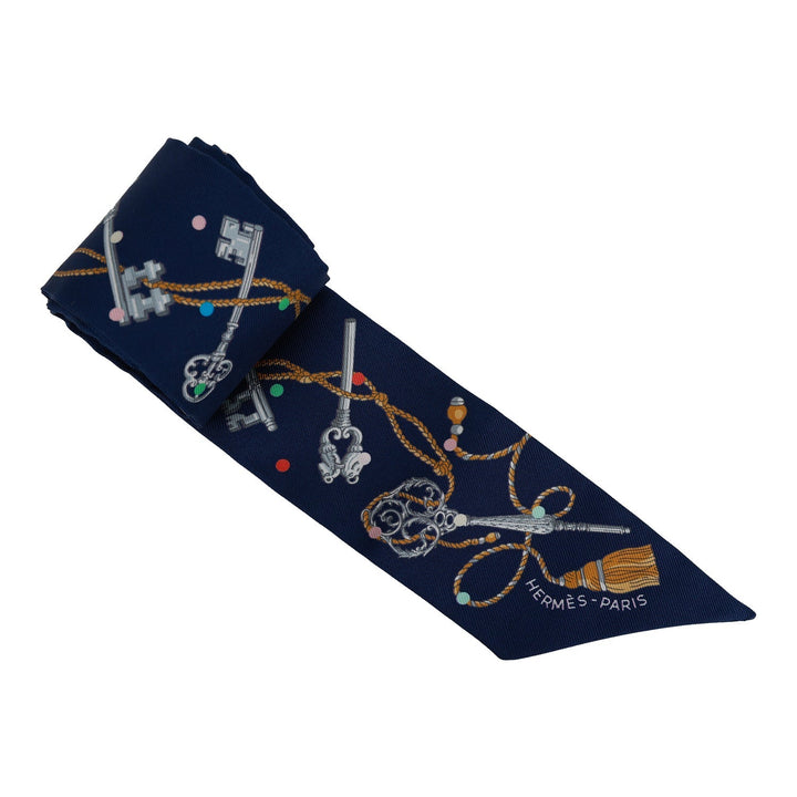 Top quality Hermes "Les Cles A Pois" Marine Silk Twilly Pair