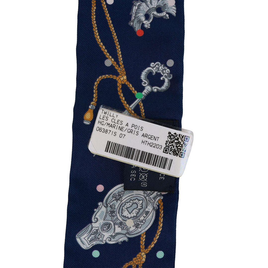 Top quality Hermes "Les Cles A Pois" Marine Silk Twilly Pair