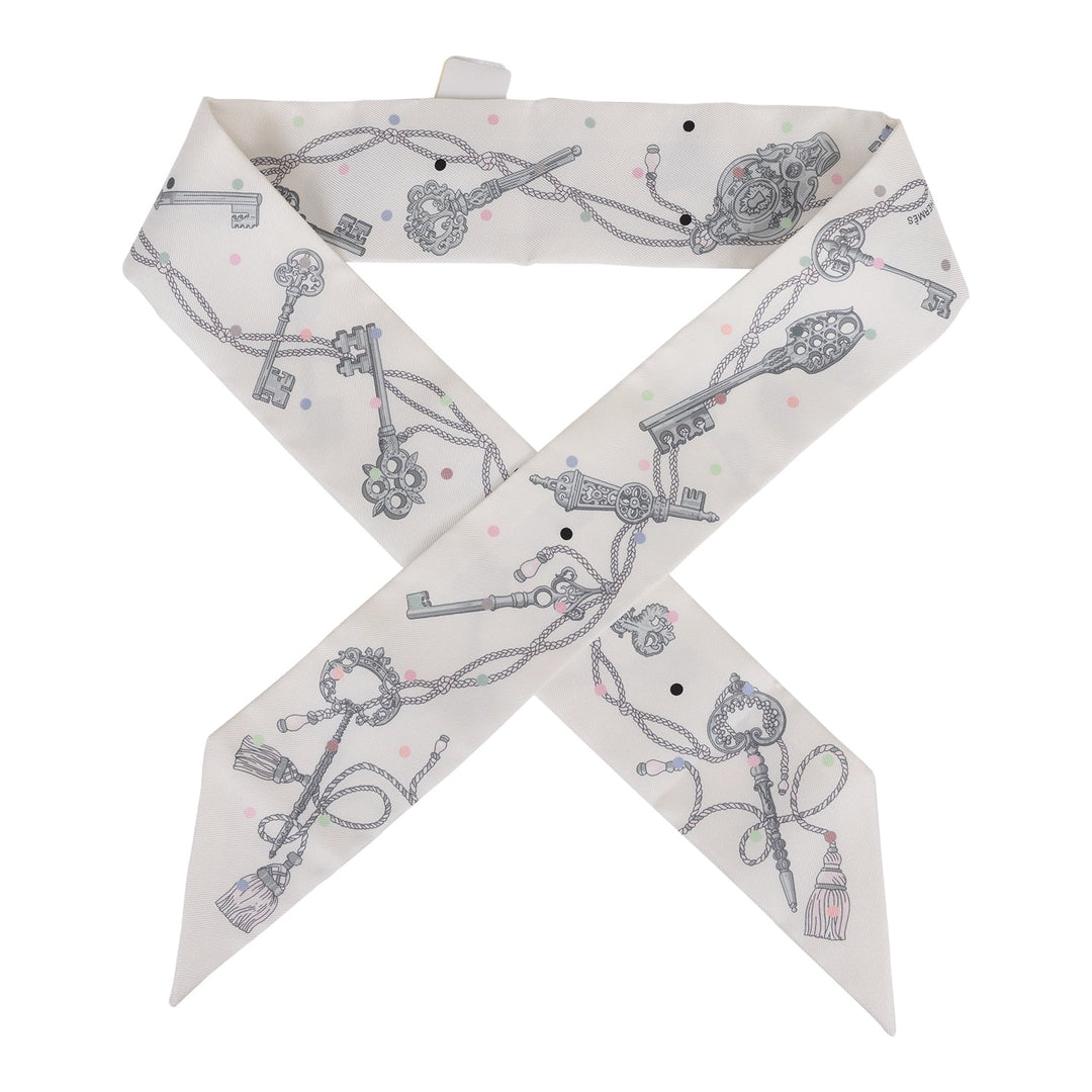 Top quality Hermes "Les Cles A Pois" White Silk Twilly Pair