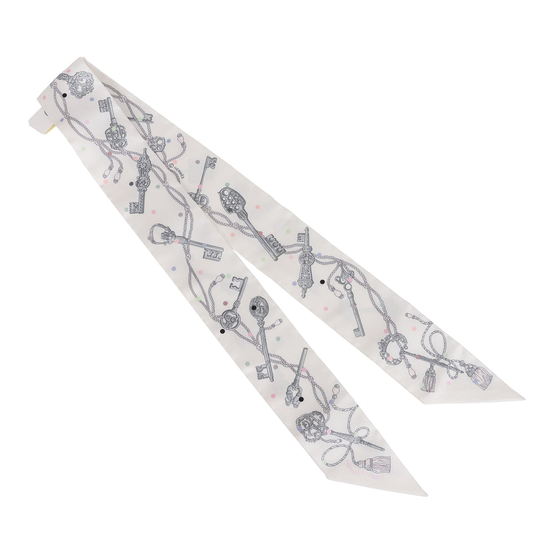 Top quality Hermes "Les Cles A Pois" White Silk Twilly Pair