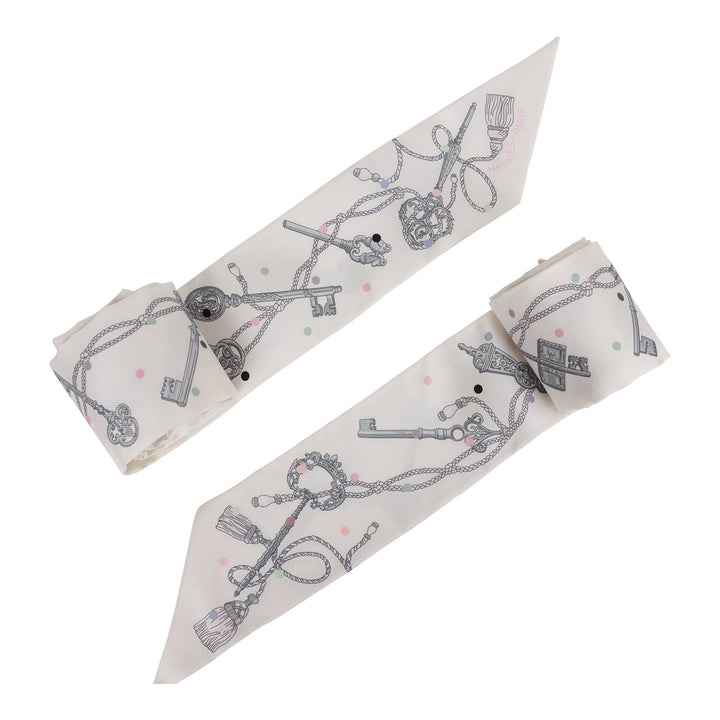 Top quality Hermes "Les Cles A Pois" White Silk Twilly Pair