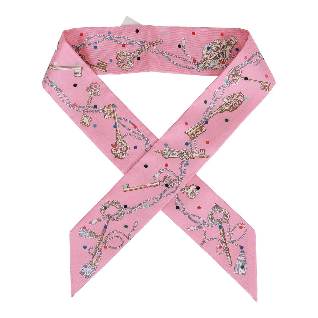 Top quality Hermes "Les Cles A Pois" Rose Silk Twilly Pair