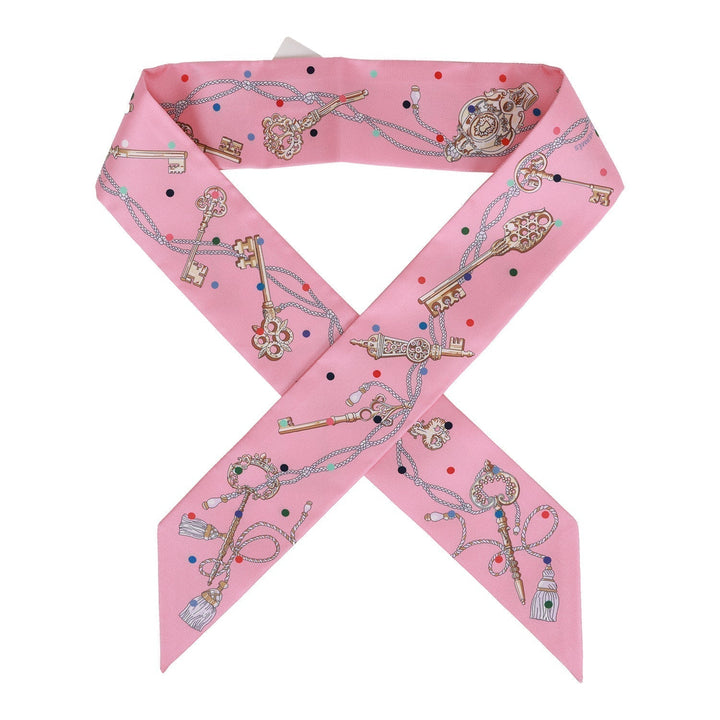 Top quality Hermes "Les Cles A Pois" Rose Silk Twilly Pair