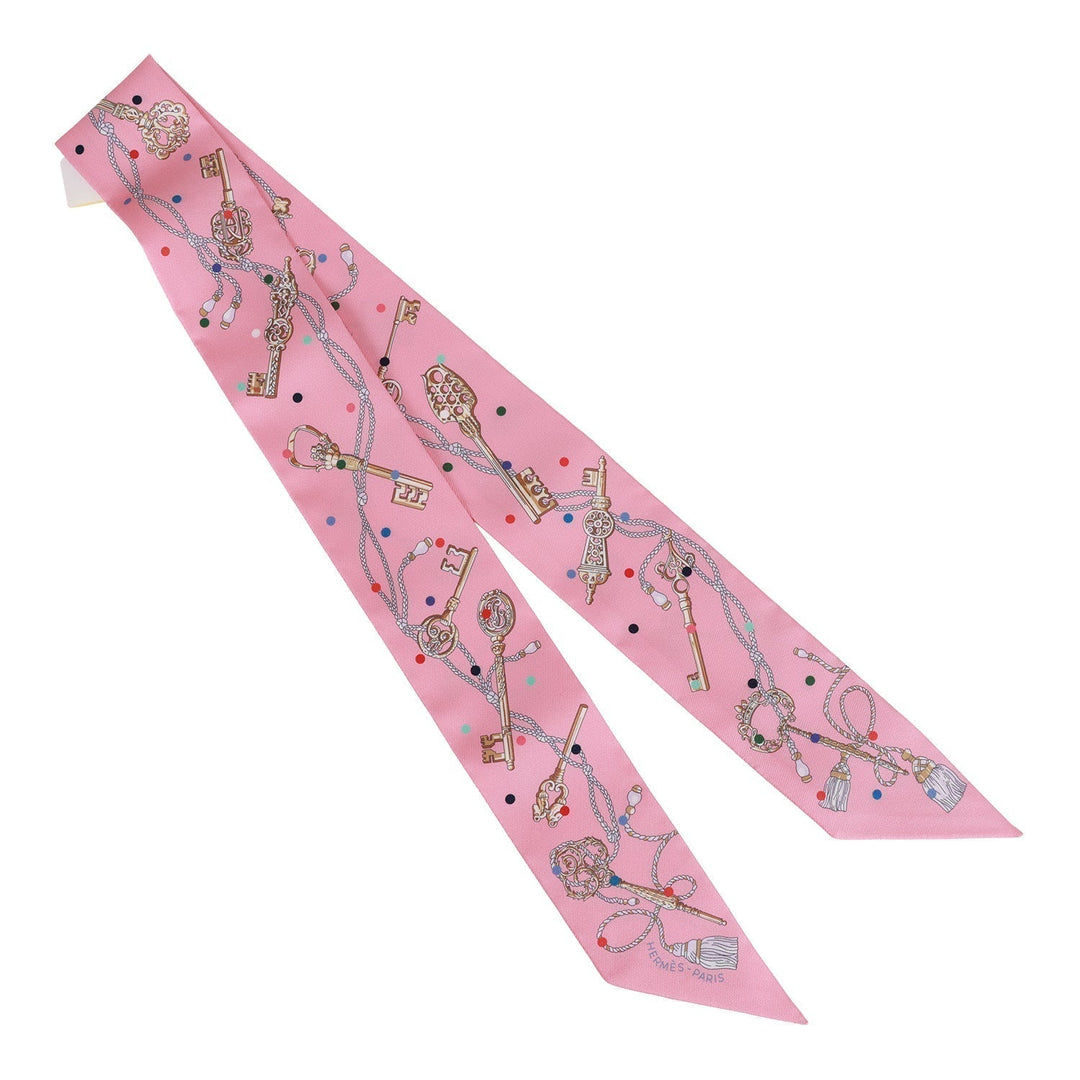 Top quality Hermes "Les Cles A Pois" Rose Silk Twilly Pair