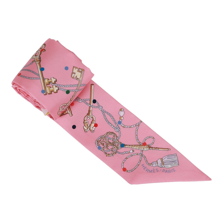 Top quality Hermes "Les Cles A Pois" Rose Silk Twilly Pair