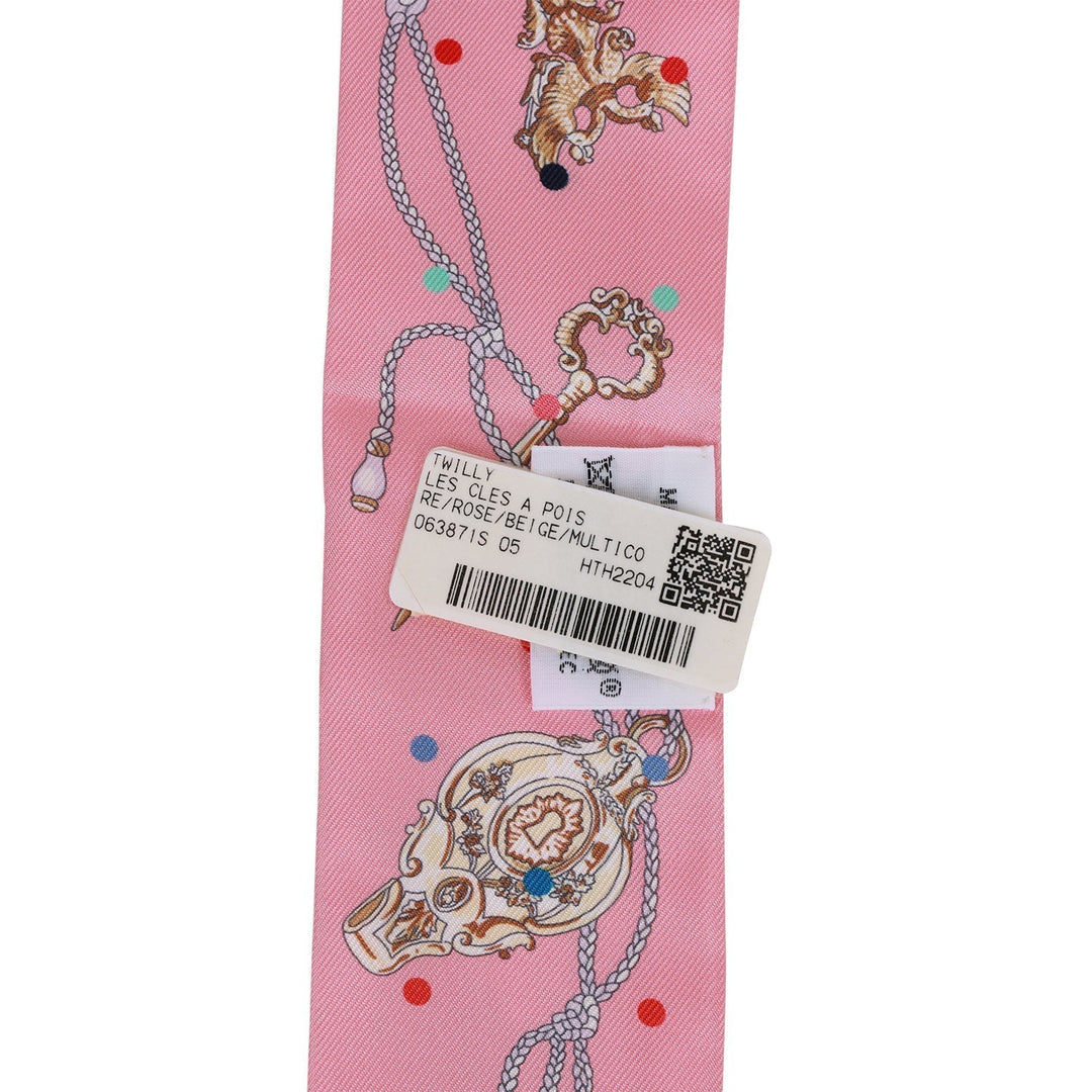Top quality Hermes "Les Cles A Pois" Rose Silk Twilly Pair