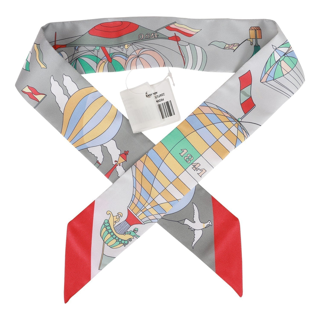 Top quality Hermes "Les Folies du Ciel" Gris Perle Silk Twilly Pair